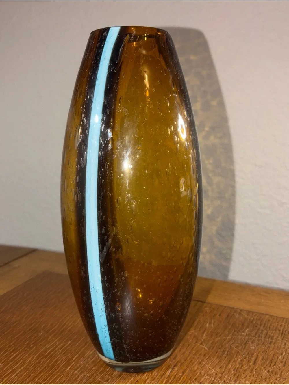Tall Flower Vase yellow amber with rain drops And Blue Glass  10” Decorative Art